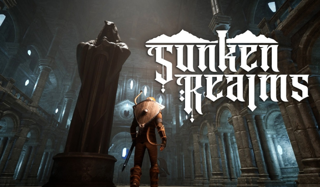Video game scene in a gothic cathedral featuring an armored character, a hooded statue, and large “Sunken Realms” title text.