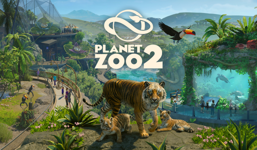 Bright Planet Zoo 2 scene: a tiger and cubs rest amid lush greenery, with visitors, an aquarium, distant mountains, and a toucan overhead.