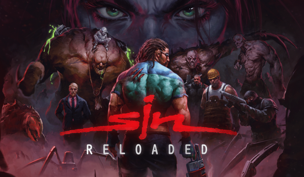 Dark action-game poster for “SiN Reloaded,” with a woman’s eyes looming over armed, muscular fighters amid red and green effects; tense, threatening mood.