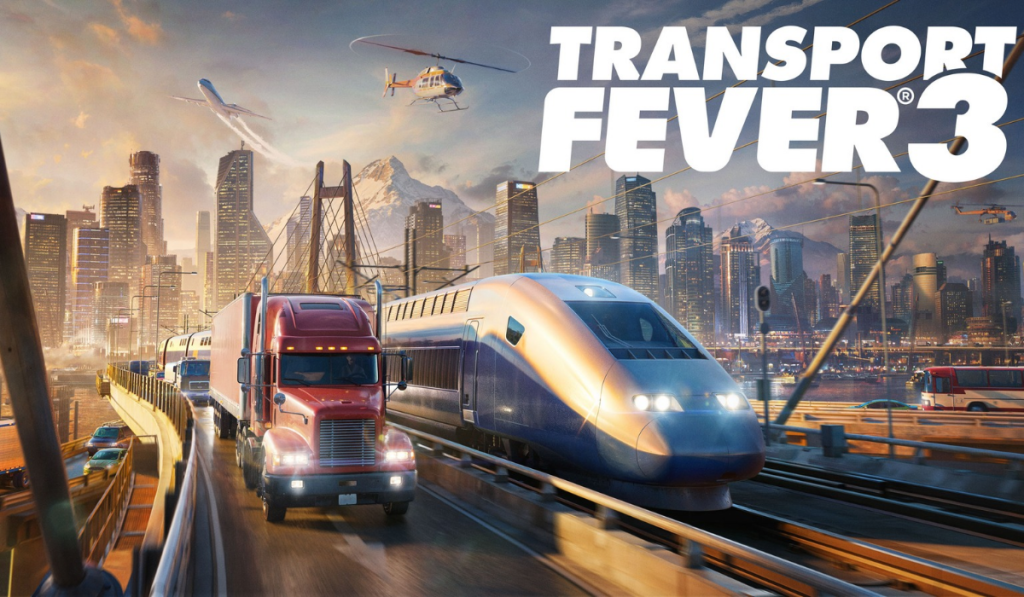 Transport Fever 3 written in white at the top right of the screen. Trucks, cars, a train, a plane and a helicoptor are all heading towards the screen. Looks epic.