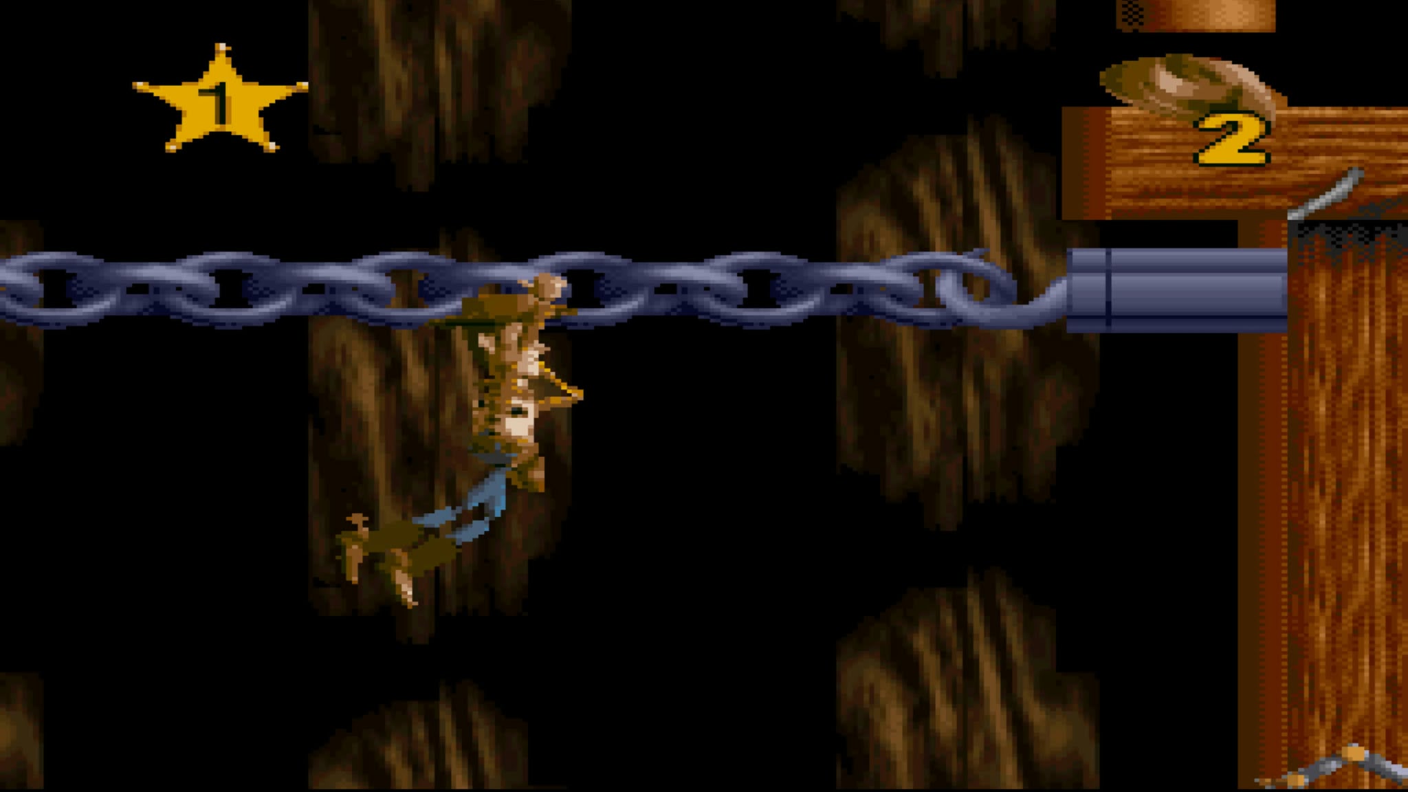 16 bit era scene showing Woody hanging beneath a giant chain in a dark room, with star and wooden sign markers labeled 1 and 2.