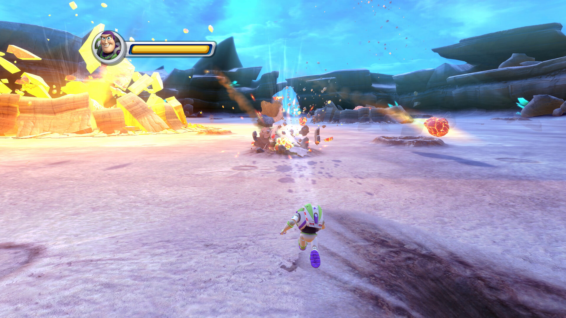 Buzz Lightyear avoids molten rocks erupting from a chasm on an alien planets surface.