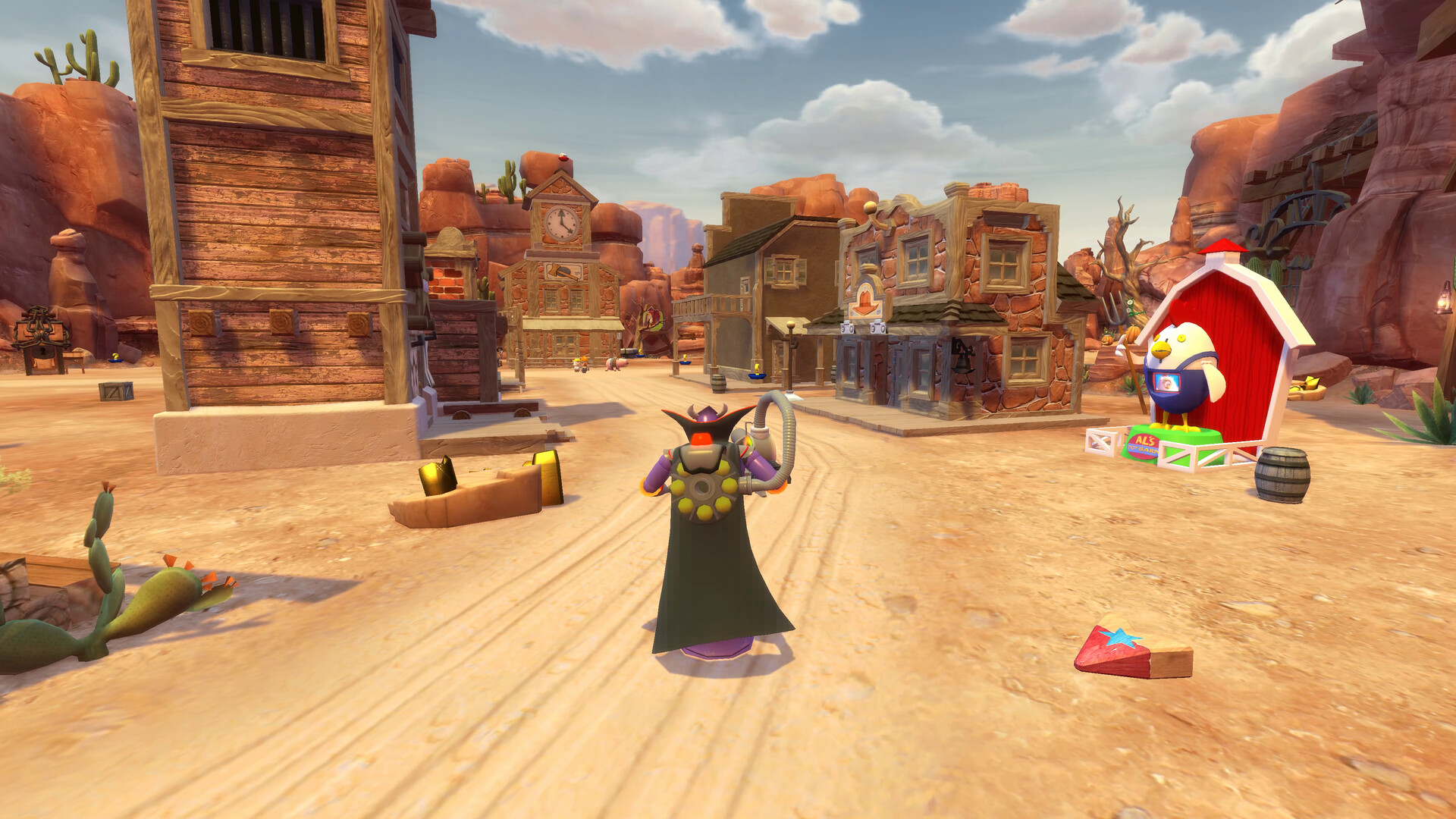 Emperor Zurg wander around the Toy Box world. In the background we can see some shops and the town hall.