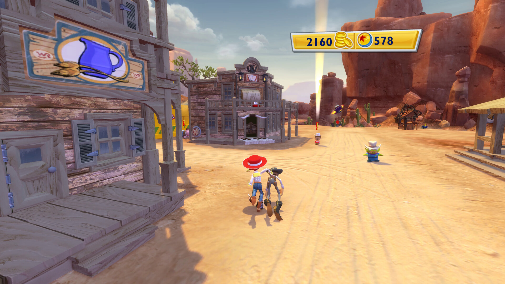 Jessie carrying a bandit to the Toy Box's jail.