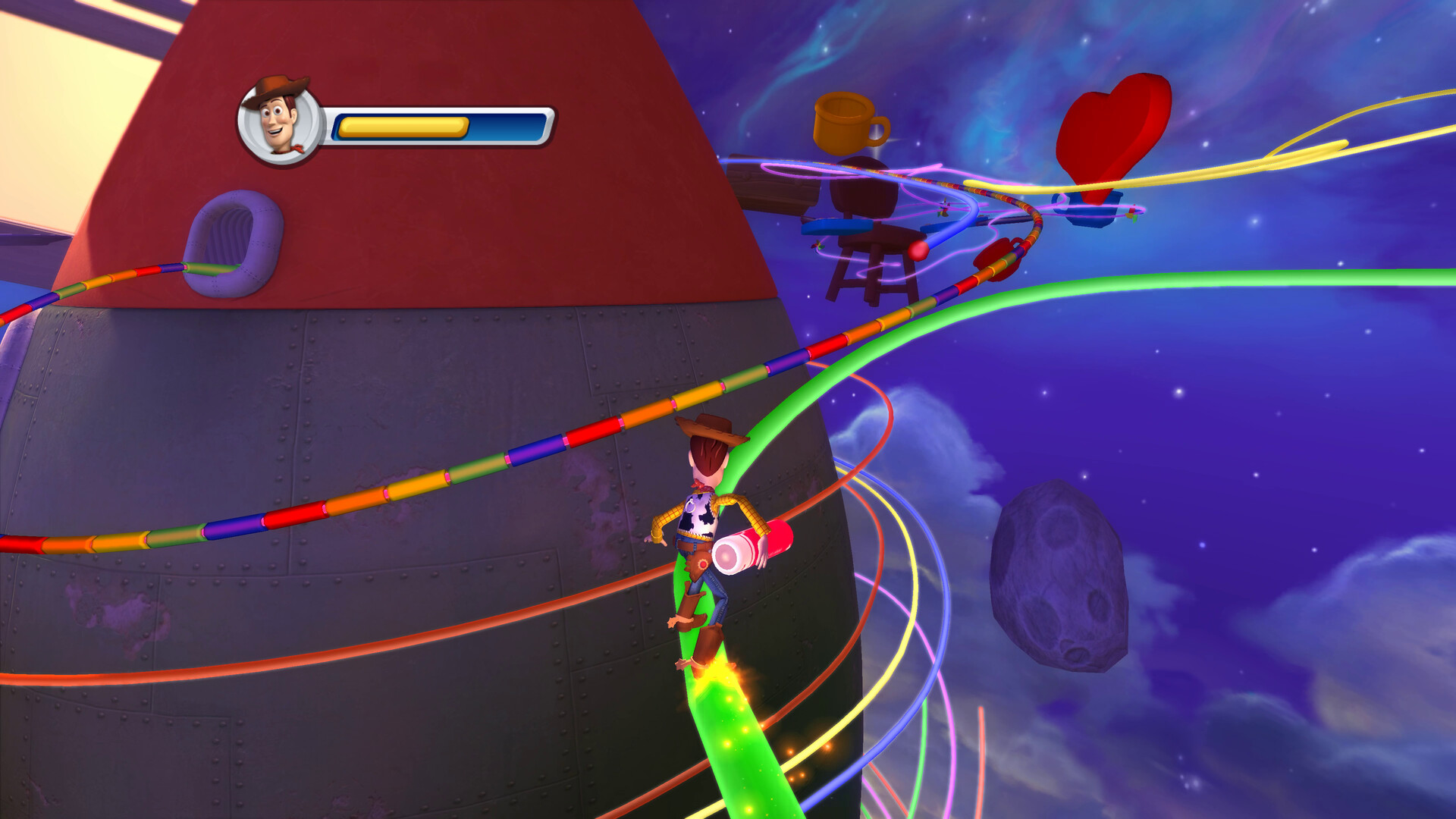 Woody, carrying a AA battery, griding on a rail in one of story modes later levels.