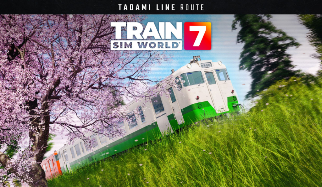 A train passing underneath a cherry blossom tree in the Japanese countryside.