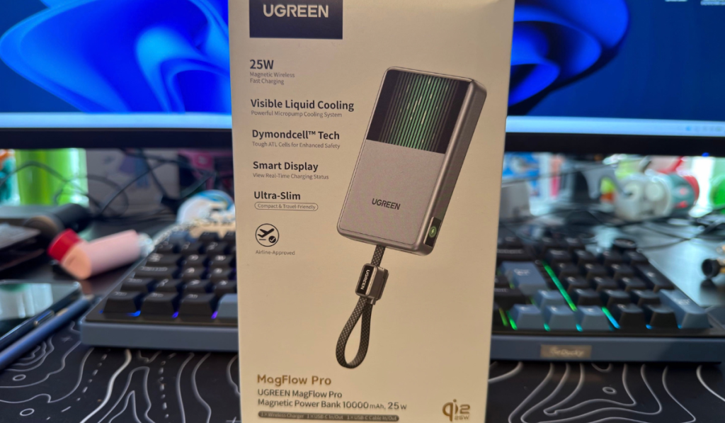 Image of the ugreen magflow pro power bank in front of a computer screen