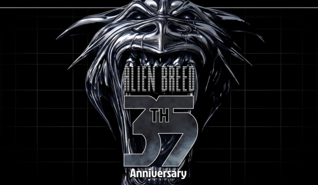 A glossy black-and-silver alien snarls above the words “Alien Breed 35th Anniversary,” forming a dark, menacing sci-fi celebration graphic.