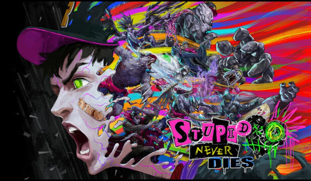 Colorful anime-style collage of a pale, green-eyed character and fantastical creatures surrounding the text “STUPID NEVER DIES.”